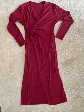 Hount Burgundy Ribbed Twist Front Wrap Maxi Dress XL